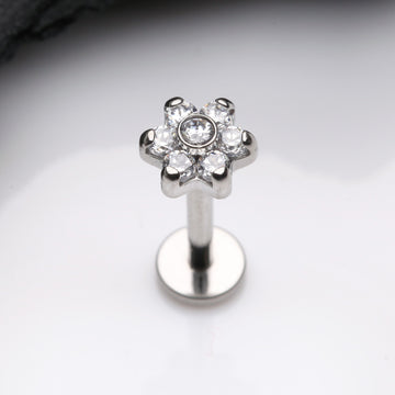 Detail View 1 of Brilliant Sparkle Flower Top Internally Threaded Labret-Clear Gem